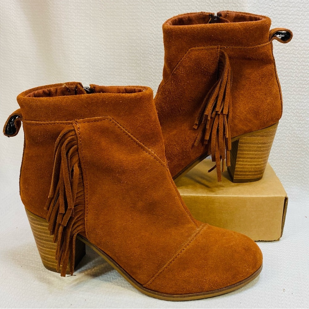 TOMS Suede Booties Womens Sz 7.5 Cinnamon Brown W. Fringe 3” Heel - Picture 4 of 10